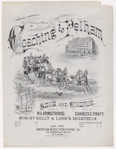 Coaching to Pelham (sheet music cover) by American Music Publishing Company, print, 1876
