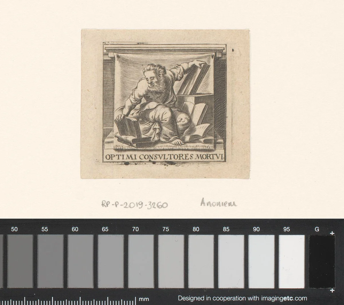 Man tussen boeken by anonymous, print, 1600-1699