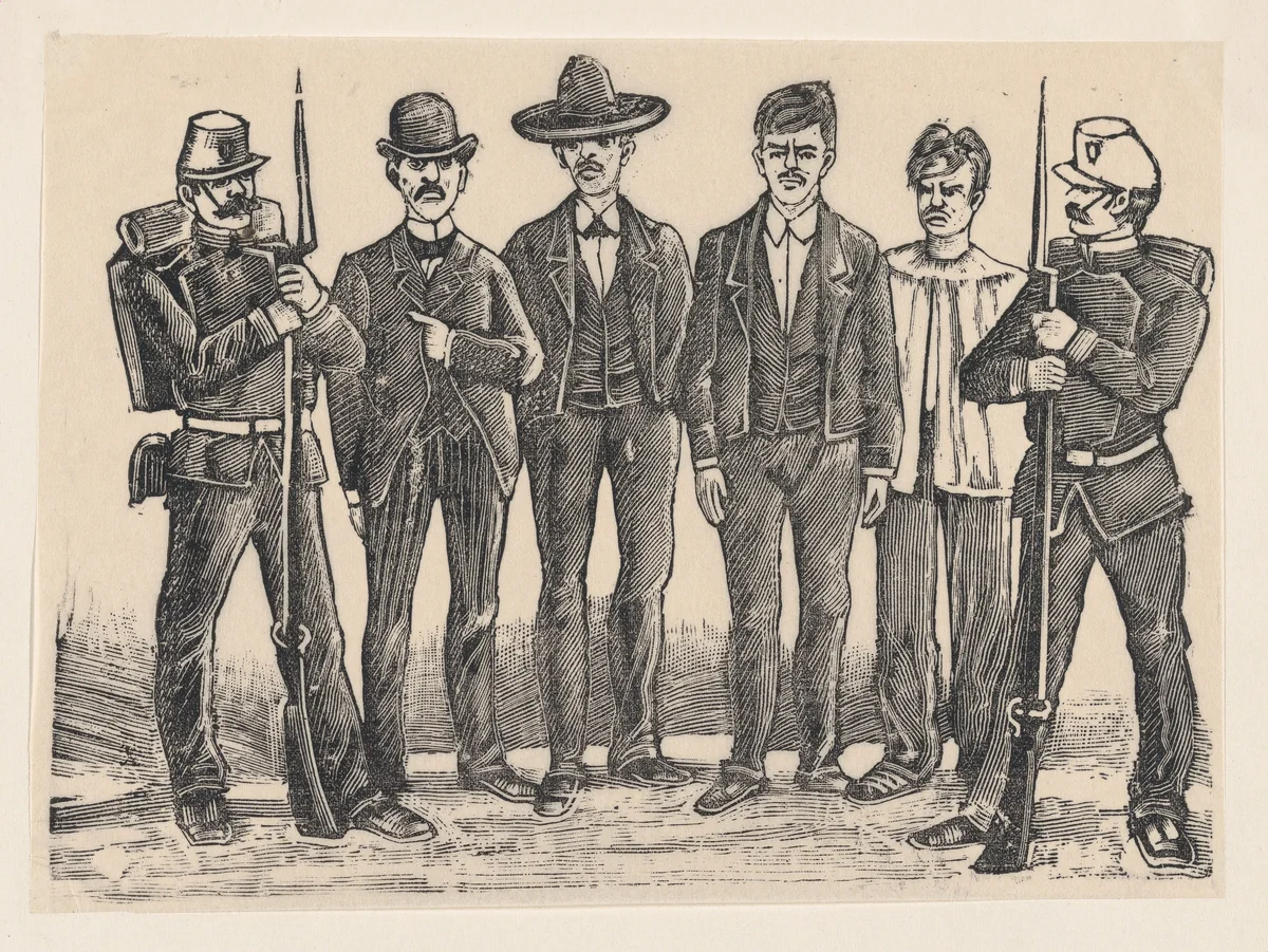 Four criminals standing in a line flanked by officers, relating to the impending executions of Luis Izaguirre, Bruno Martinez, Francisco Guerrero, and Alberto Fernandez, who were connected with a theft at La Profesa by José Guadalupe Posada, print, 1892