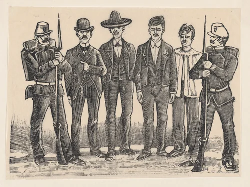 Four criminals standing in a line flanked by officers, relating to the impending executions of Luis Izaguirre, Bruno Martinez, Francisco Guerrero, and Alberto Fernandez, who were connected with a theft at La Profesa by José Guadalupe Posada, print, 1892