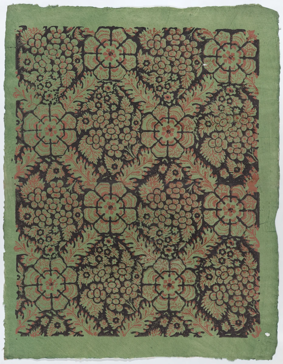 Sheet with overall floral pattern on green background by anonymous, print, 1775-1875