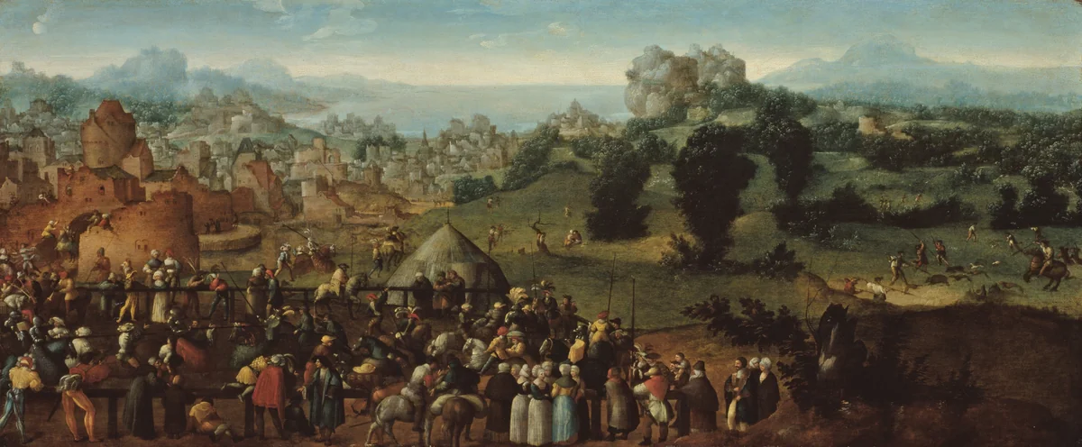 Landscape with Tournament and Hunters by Jan van Scorel, painting, 1519-1520