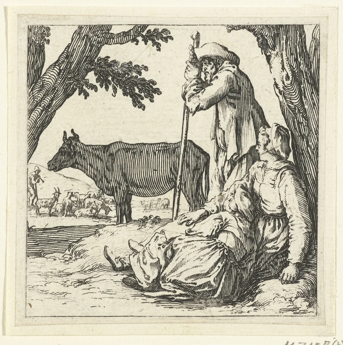 Boer, boerin en dochter met koe by Jacques Callot, print, 1621-1624