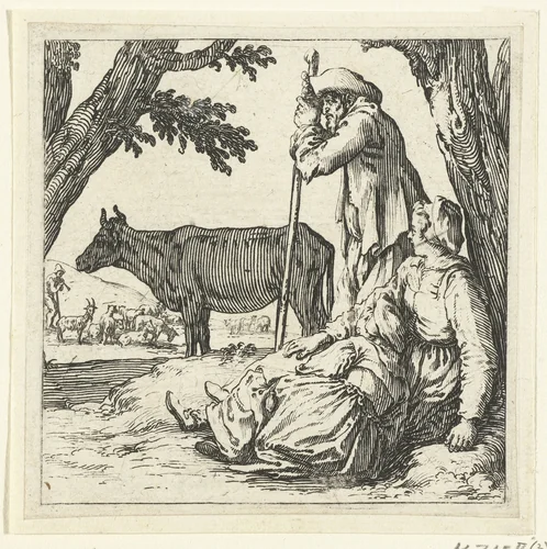 Boer, boerin en dochter met koe by Jacques Callot, print, 1621-1624
