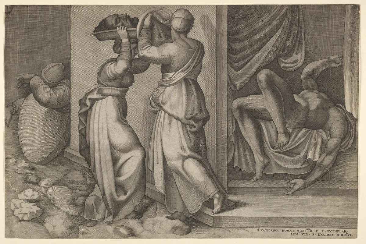 Judith giving the head of Holofernes on a platter, which is about to be covered with a cloth, to her servant, with the foreshortened, naked body of Holofernes at right by Enea Vico, print, 1546