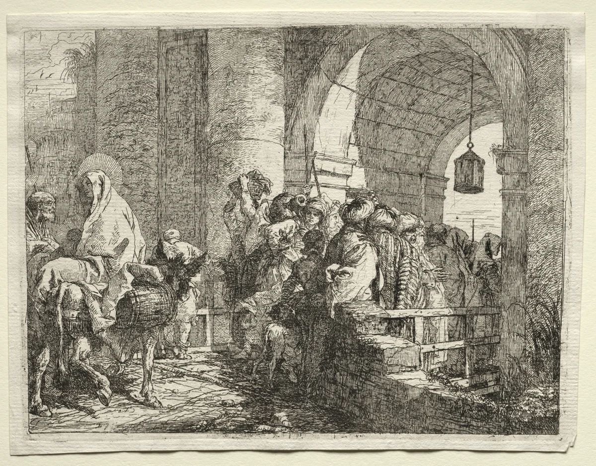 Flight into Egypt: The Holy Family Passing under an Arch by Giovanni Domenico Tiepolo, print, 1745-1758