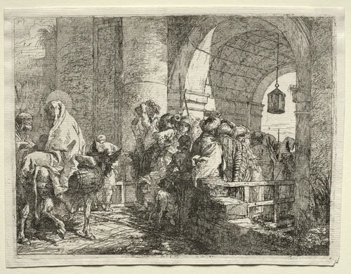 Flight into Egypt: The Holy Family Passing under an Arch by Giovanni Domenico Tiepolo, print, 1745-1758