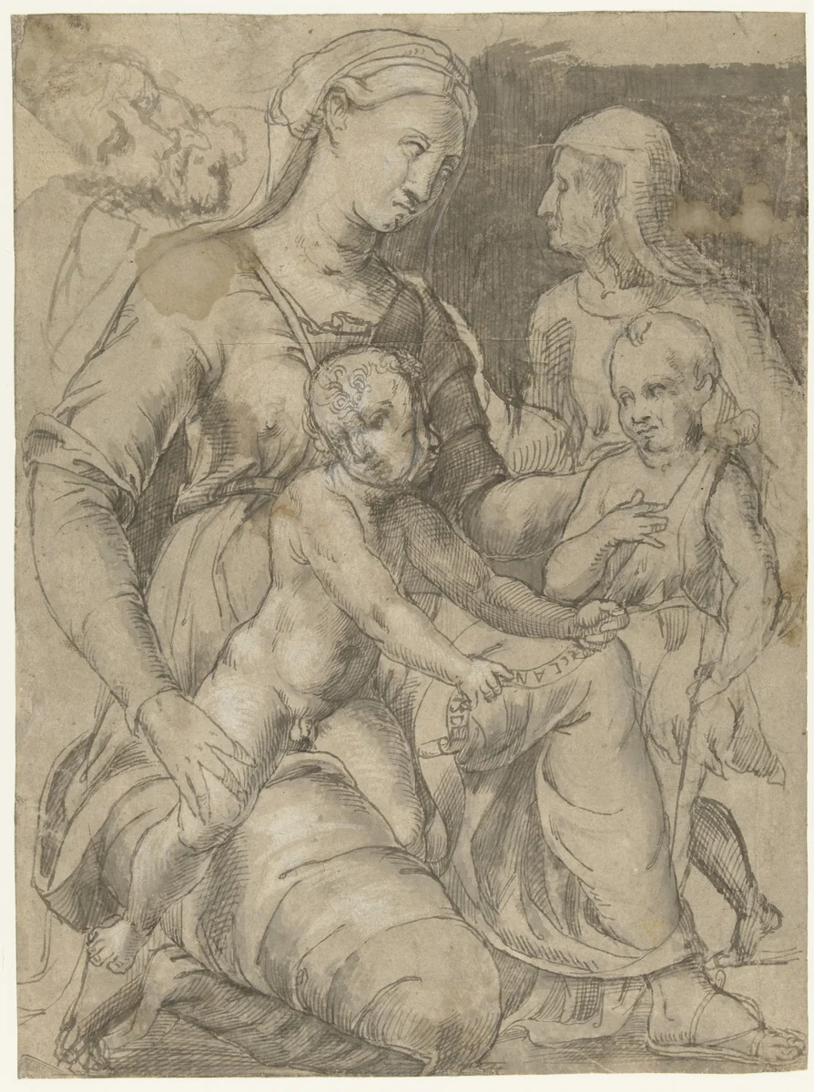 Heilige familie met Johannes de Doper en Elizabeth by anonymous, drawing, 1540-1560
