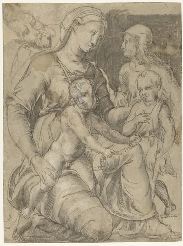 Heilige familie met Johannes de Doper en Elizabeth by anonymous, drawing, 1540-1560