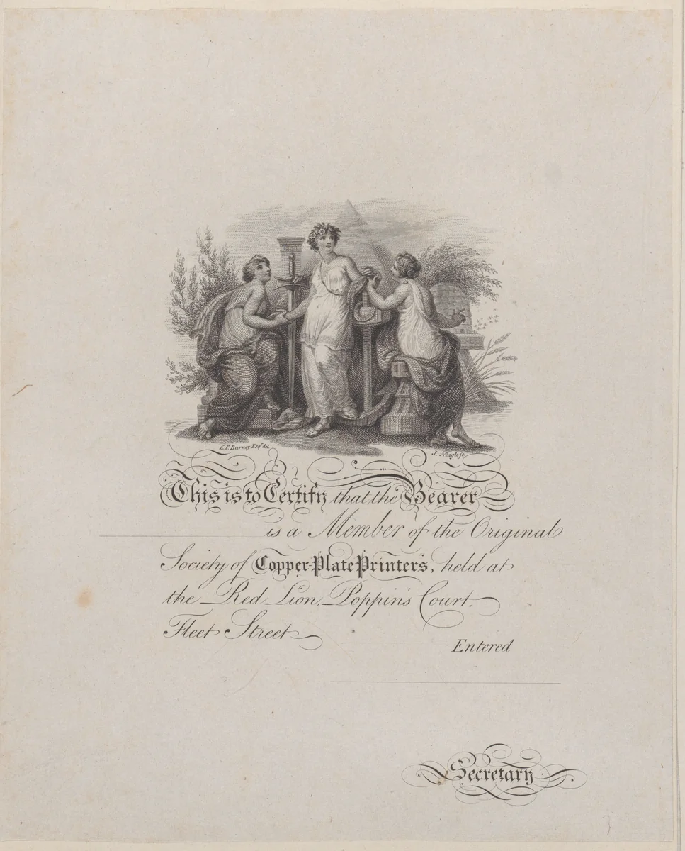 Certificate of Membership of the Society of Copper-Plate Printers by Edward Francis Burney, print, 1800-1900