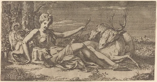 Diana Resting by Léon Davent; Francesco Primaticcio, print, 1476-1600