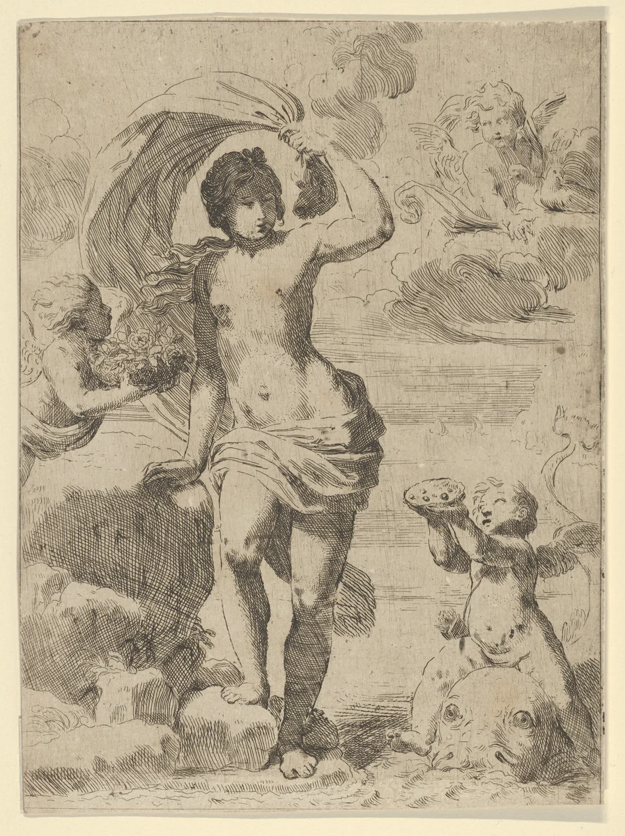 Venus stepping out of the sea, holding a billowing drapery in her left hand, Cupid at right offering pearls while riding a dolphin and a putto at left offering flowers, another in the clouds by anonymous, print, 1595-1640