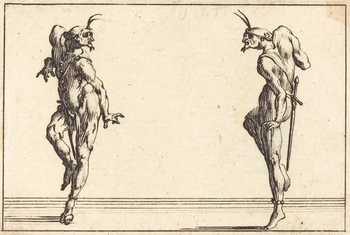 Two Pantaloons Dancing by Jacques Callot, print, 1617