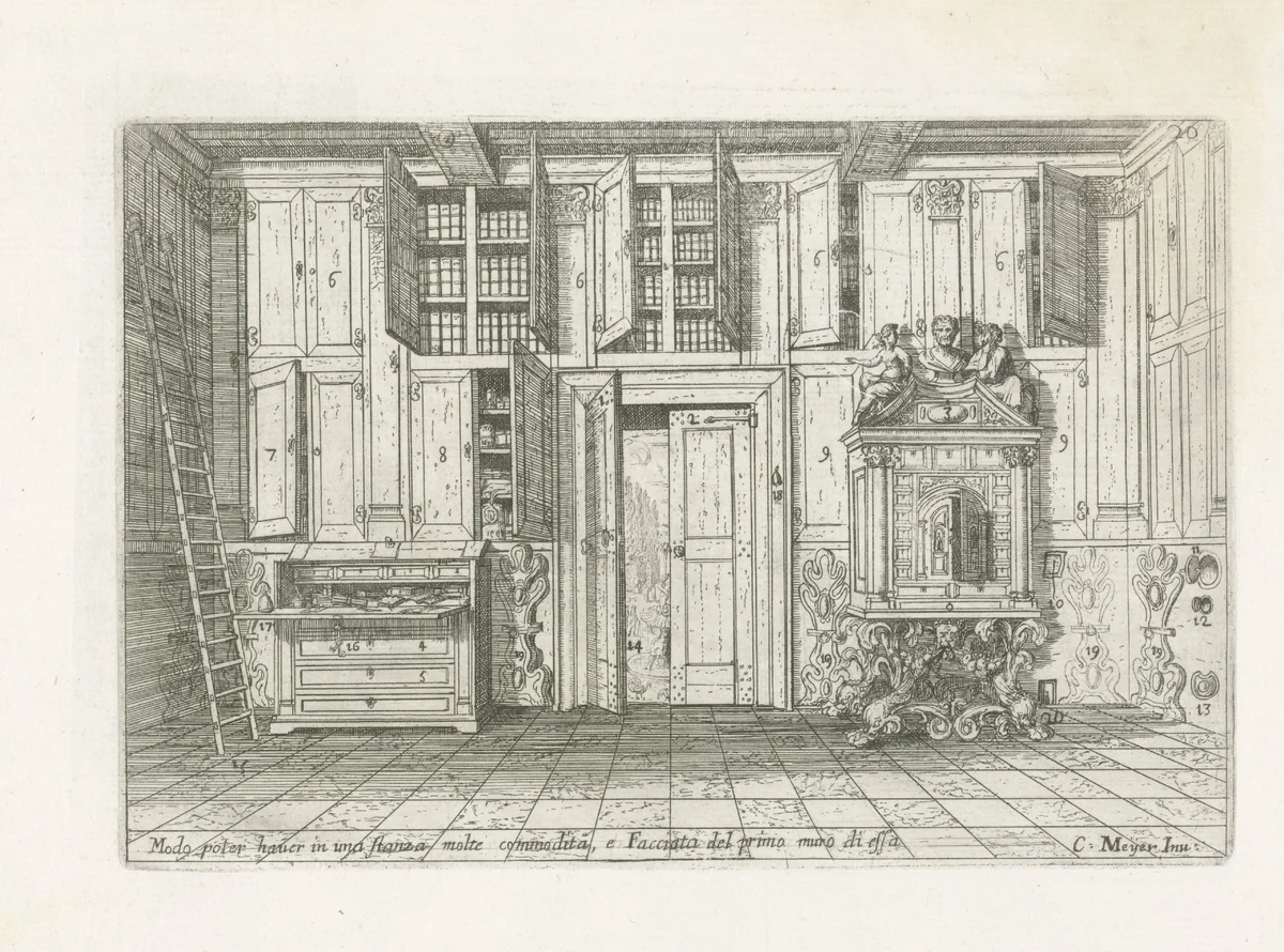 Eerste wand van een kamer met diverse functies by anonymous, print, 1696