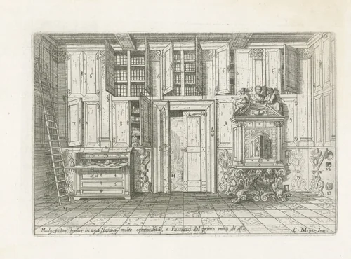 Eerste wand van een kamer met diverse functies by anonymous, print, 1696