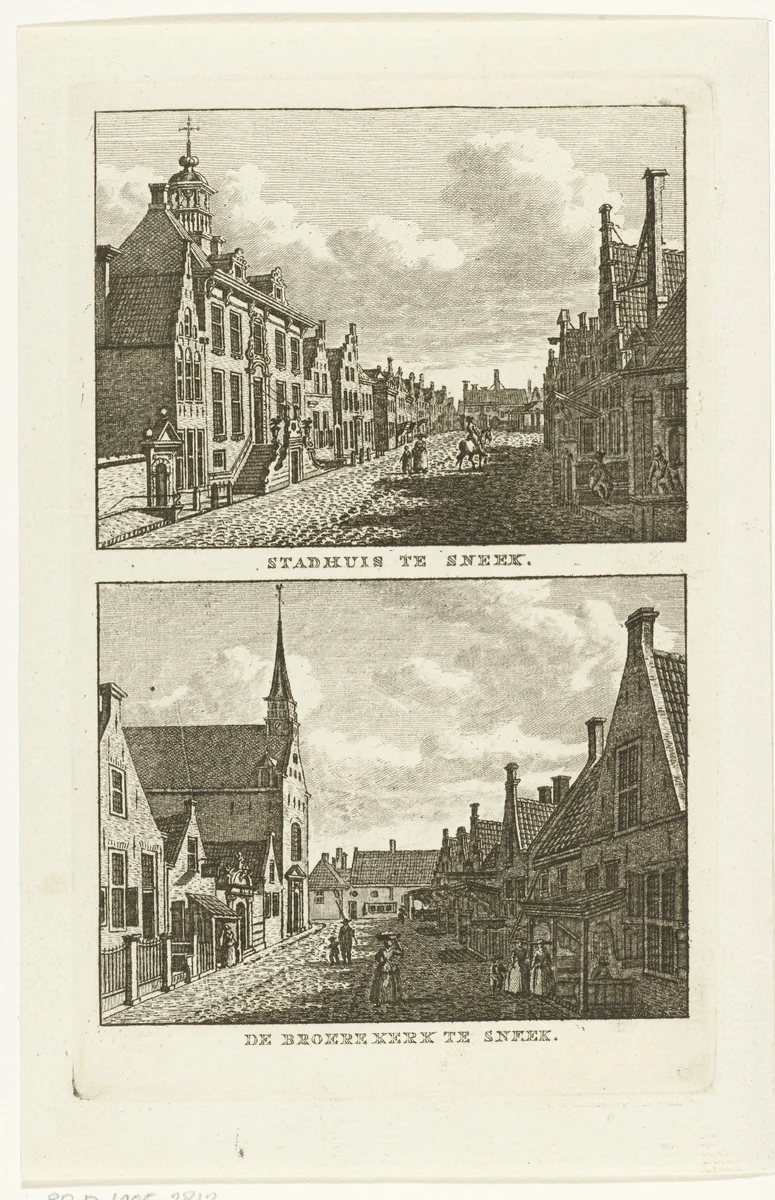 Twee stadsgezichten te Sneek: Stadhuis en Broerekerk by Carel Frederik Bendorp, print, 1786-1792