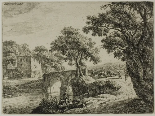 Herd Near a Stone Bridge by Anthonie Waterloo, print, 1630-1690