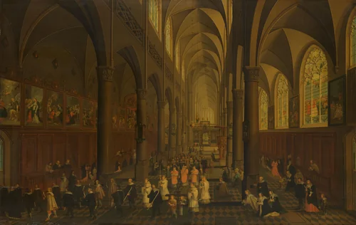 The Interior of the Dominican Church, Antwerp, Looking East, with the Procession of the Holy Sacrament by Peeter Neeffs, painting, 1636