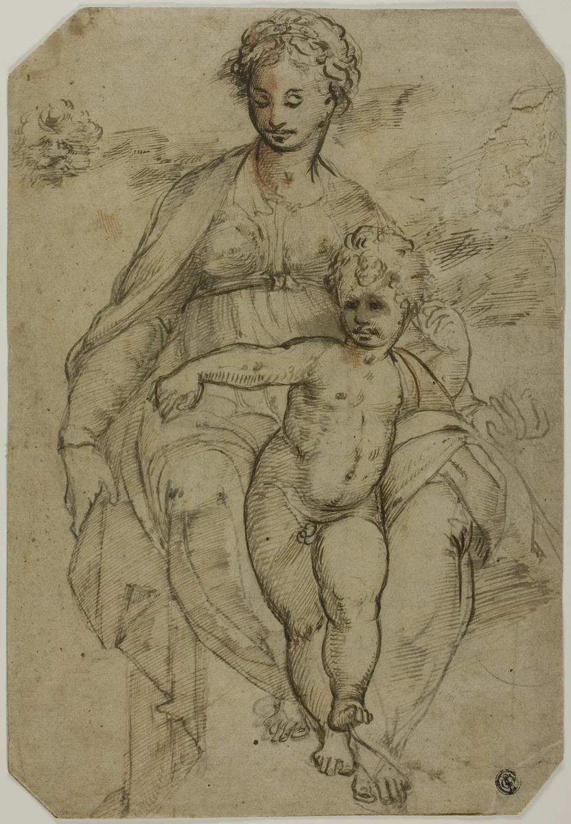 Virgin and Child (recto); Sketch of Three Saints and Caricature Sketch (verso) by Parmigianino, drawing, 1580-1599