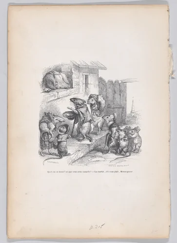 What's that noise? and what does this scoundrel want?, from "Scenes from the Private and Public Life of Animals" by J. J. Grandville, print, 1832-1852