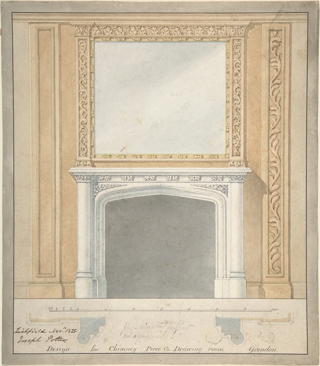 Design for a Chimney Piece in a "Jacobethan" style, for the Drawingroom at Grendon Hall, Warwickshire by Joseph Potter, drawing, 1825