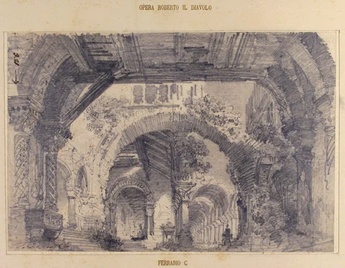 Architectural Ruins with a View of a Garden; Stage design for "Ballo don Parasol" by Carlo Ferrario, drawing, 1845-1907