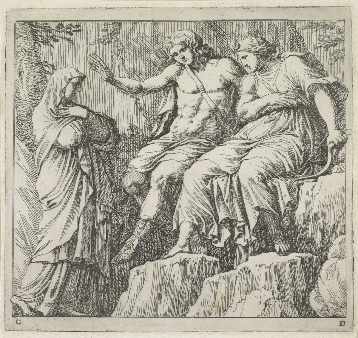 Niobe bij Apollo en Diana by Giovanni Battista Galestruzzi, print, 1656