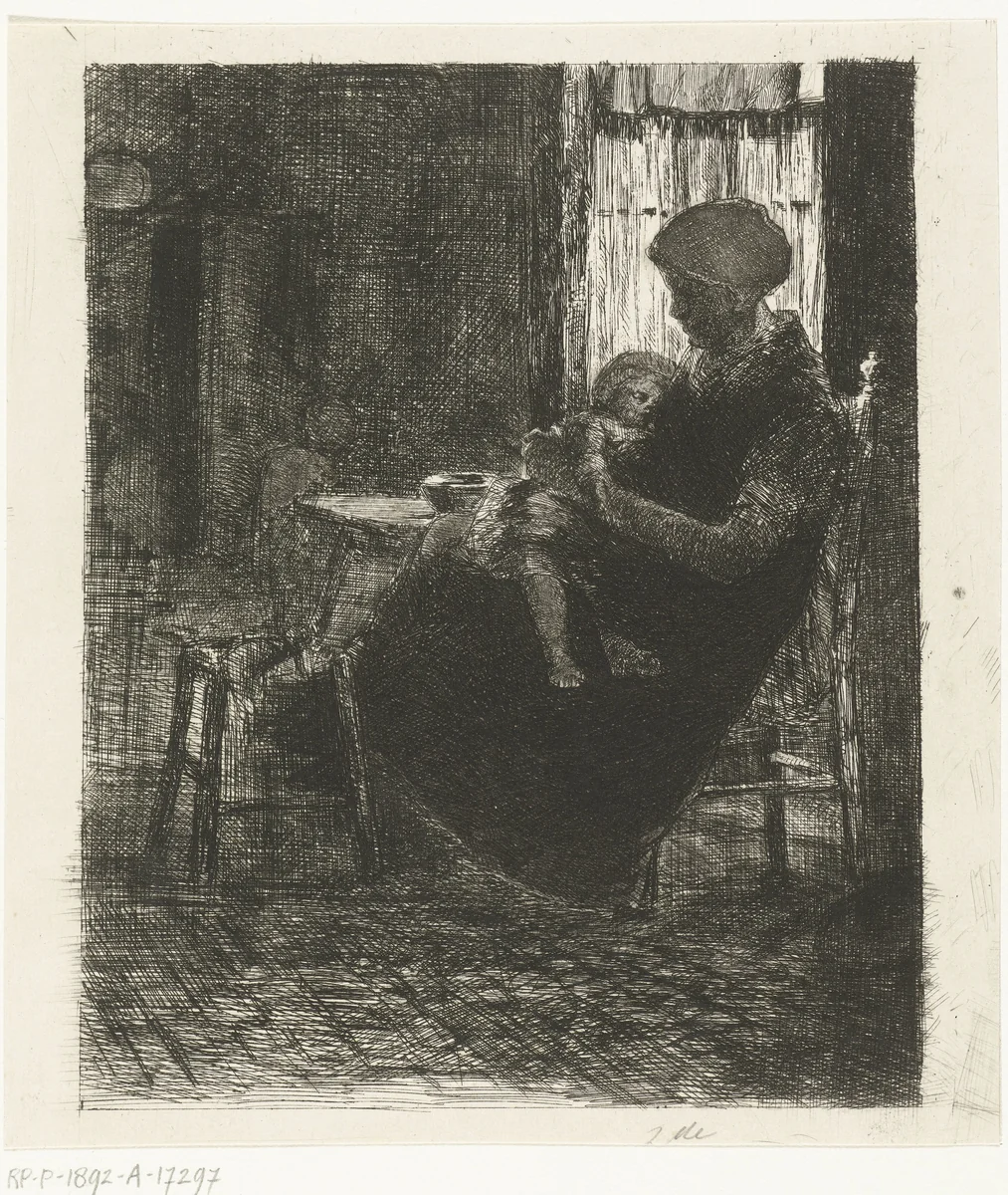 Vrouw met slapend kind op schoot zit bij raam in een interieur by Bernardus Johannes Blommers, print, 1855-1892