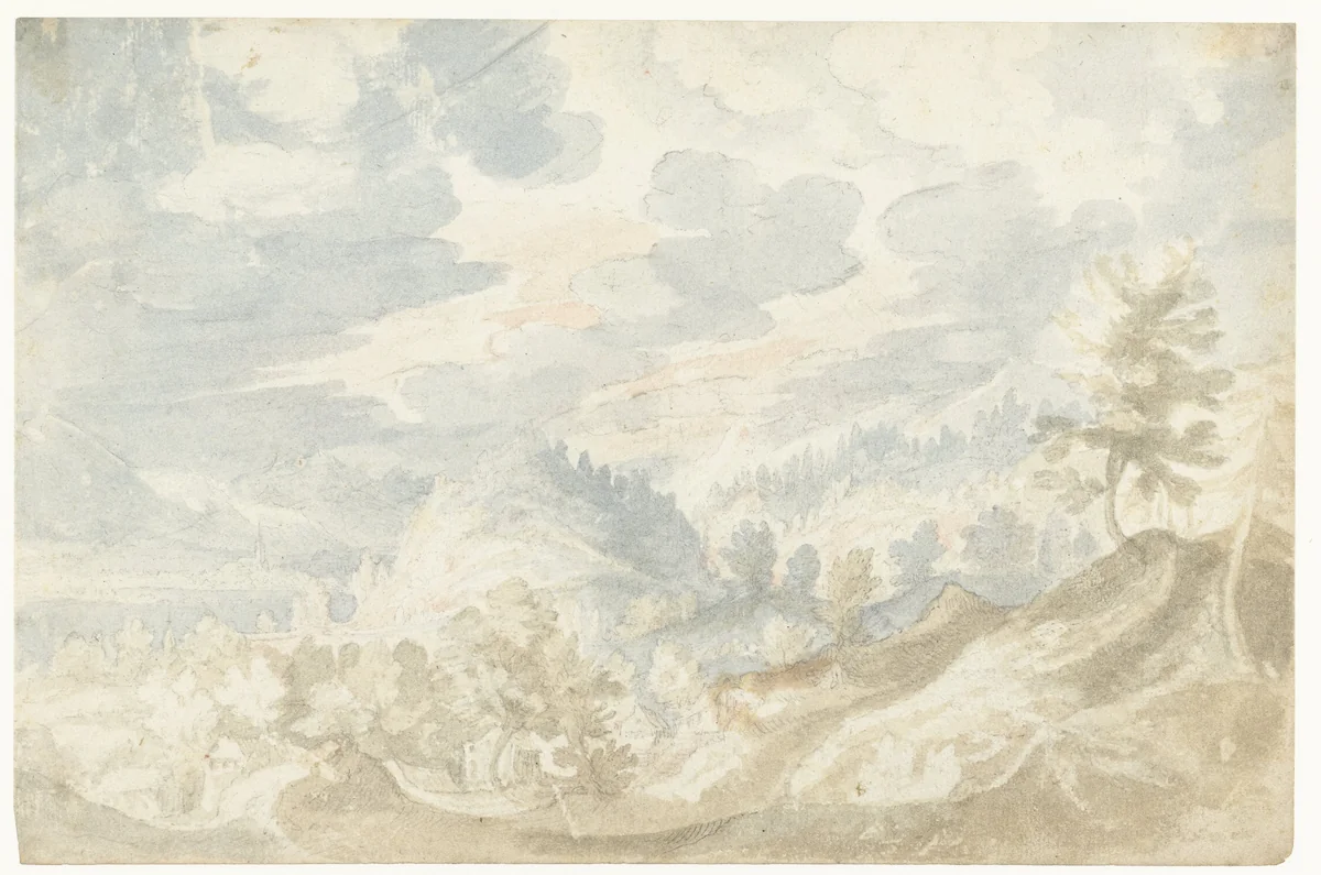 Berglandschap met een gezicht op een dal (van de Donau?) en een kerktoren by Frederik van Valckenborch, drawing, 1598-1599