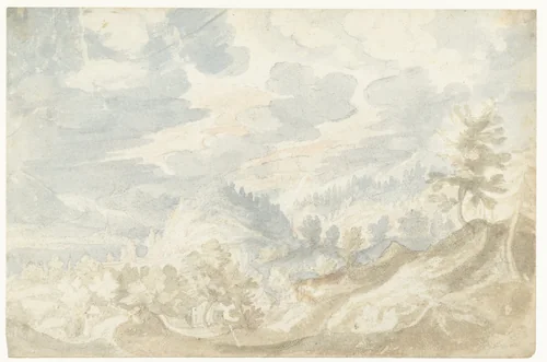 Berglandschap met een gezicht op een dal (van de Donau?) en een kerktoren by Frederik van Valckenborch, drawing, 1598-1599
