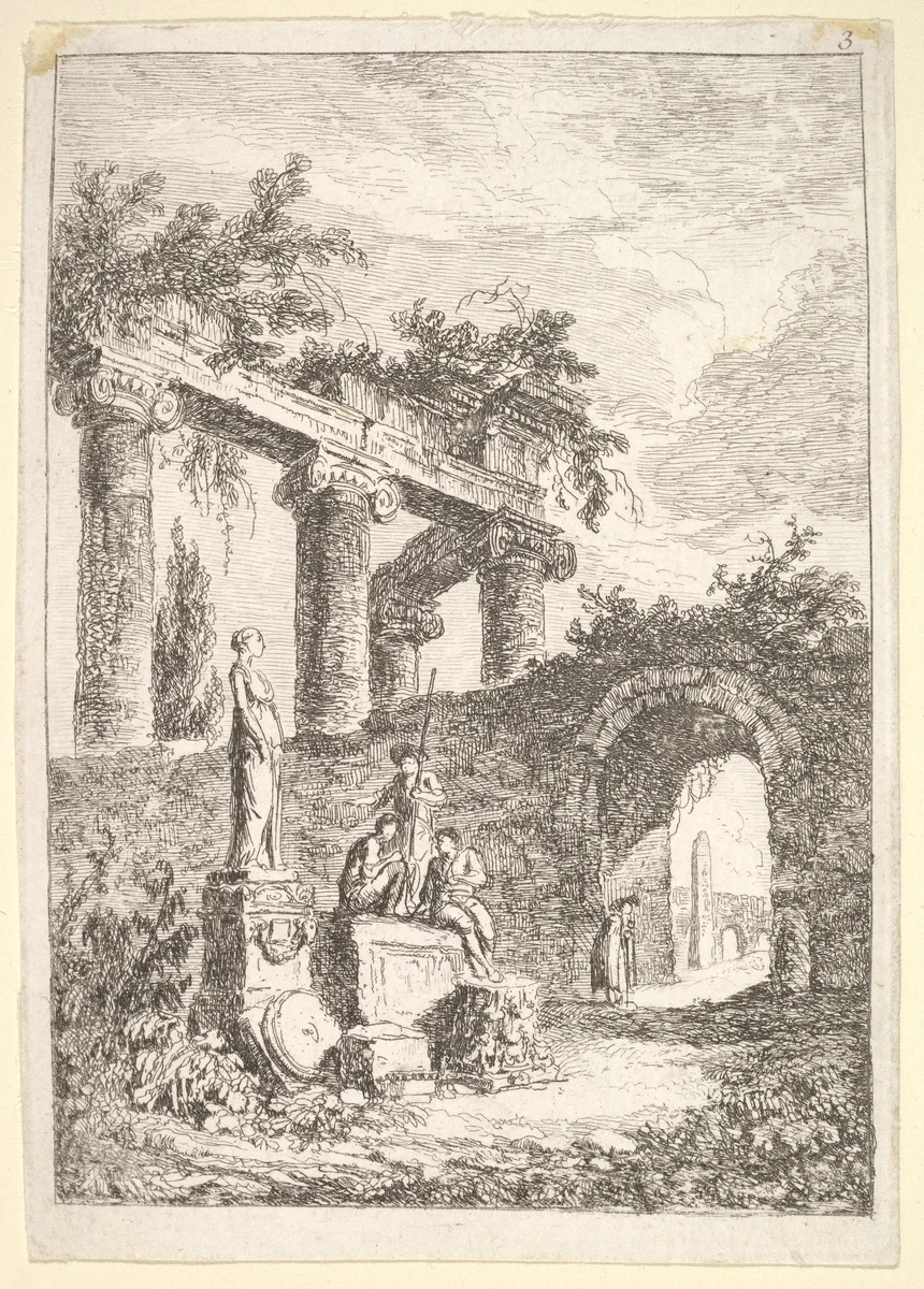 Plate 3: The Statue Before the Ruins: a statue to left next to three figures on a pedestal, a beggar standing in an archway to right, four columns and the remains of an entablature to top left, from "Les soirées de Rome" by Hubert Robert, print, 1763-1764