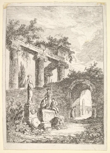 Plate 3: The Statue Before the Ruins: a statue to left next to three figures on a pedestal, a beggar standing in an archway to right, four columns and the remains of an entablature to top left, from "Les soirées de Rome" by Hubert Robert, print, 1763-1764