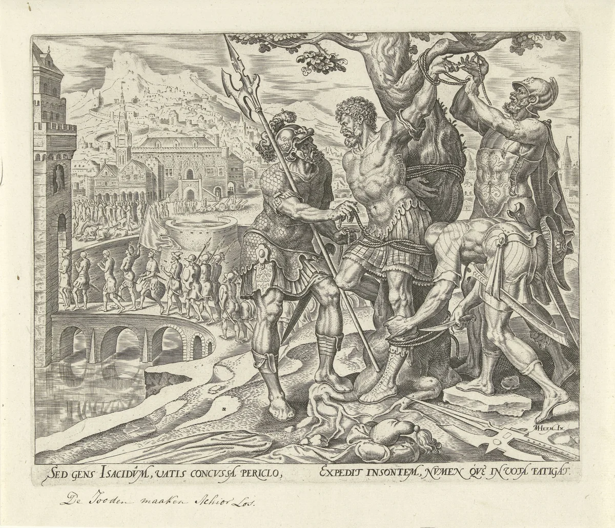 Israëlieten snijden Achior los by Philips Galle, print, 1564