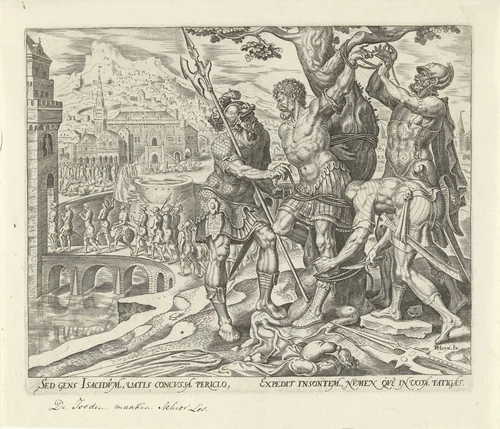 Israëlieten snijden Achior los by Philips Galle, print, 1564
