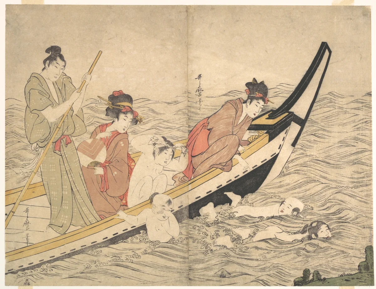 Boating Party with Children Swimming by Kitagawa Utamaro (喜多川歌麿), print, 1767-1799
