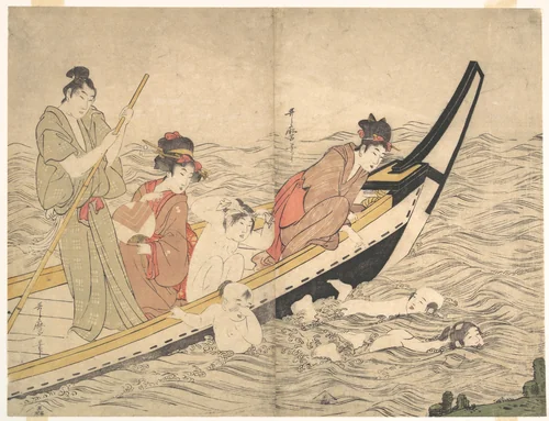 Boating Party with Children Swimming by Kitagawa Utamaro (喜多川歌麿), print, 1767-1799