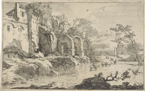 Landschap met ruïne en herder by Jan Smees, print, 1705-1729