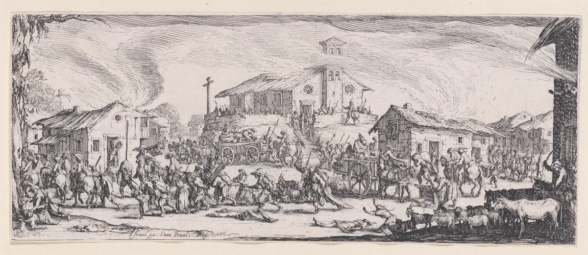 Pillage et Incendie d'un Village (Looting and Burning of a Village), plate 7 from "Les Misères et les Mal-Heures de la Guerre" (The Miseries and Misfortunes of War) by Jacques Callot, print, 1633
