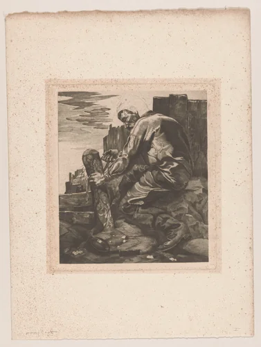 Arbeider die een touw om een paal bindt by Johannes Josephus Aarts, print, 1901