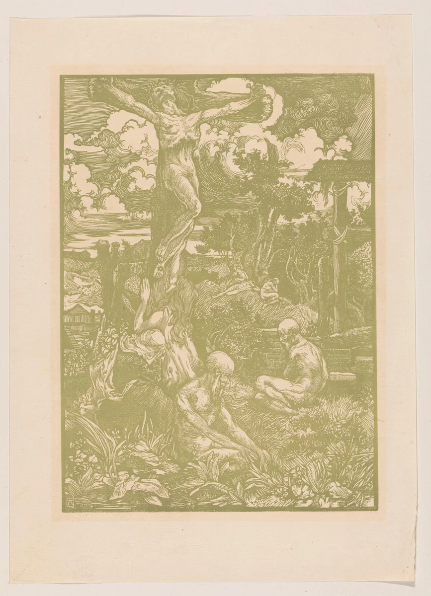 Gekruisigde Christus in heuvellandschap by Johannes Josephus Aarts, print, 1881-1934