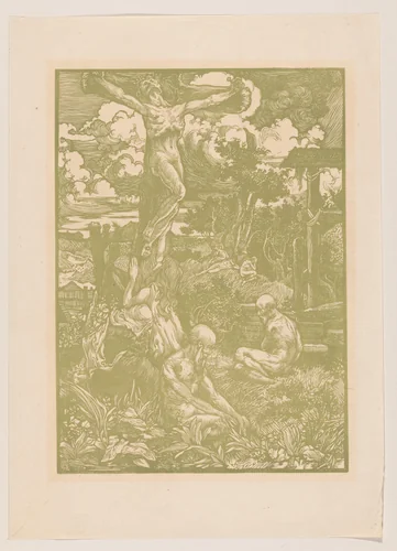 Gekruisigde Christus in heuvellandschap by Johannes Josephus Aarts, print, 1881-1934