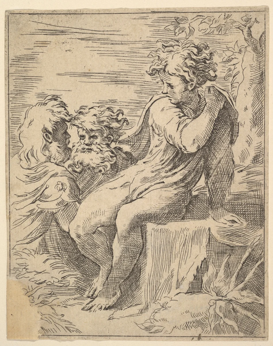 Youth with two Old Men by anonymous, print, 1600-1699