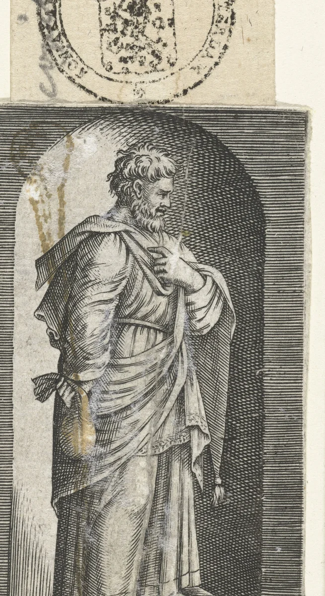 Apostel Matteüs met beurs staand in nis by anonymous, print, 1517-1577
