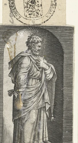 Apostel Matteüs met beurs staand in nis by anonymous, print, 1517-1577