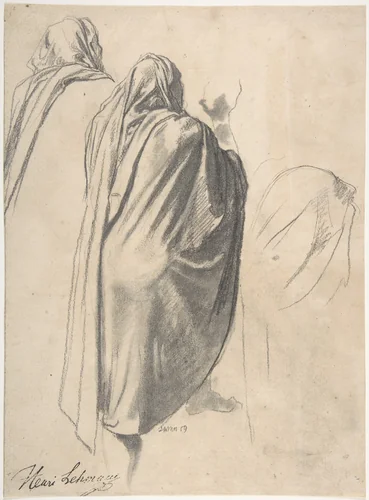 Back View of a Male Figure Wearing a Cloak by Henri Lehmann, drawing, 1859