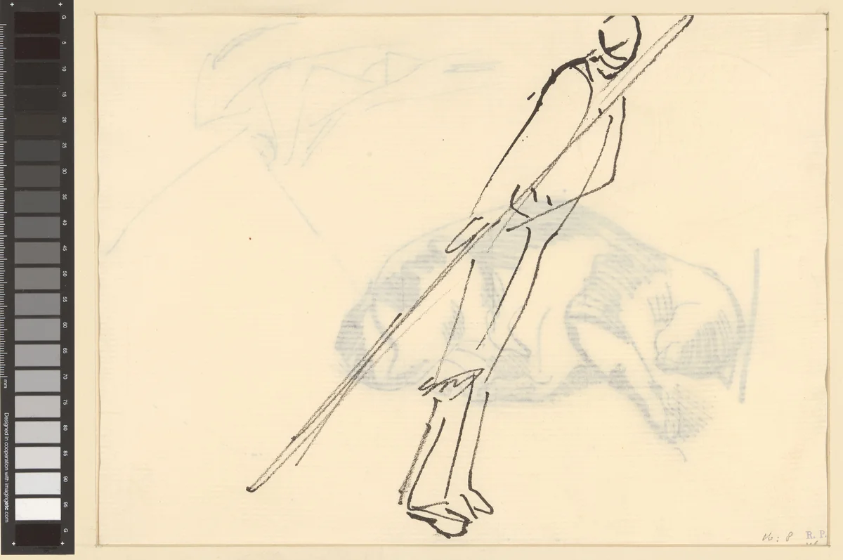 Schets van een staande man met een stok by Rik Wouters, drawing, 1892-1916
