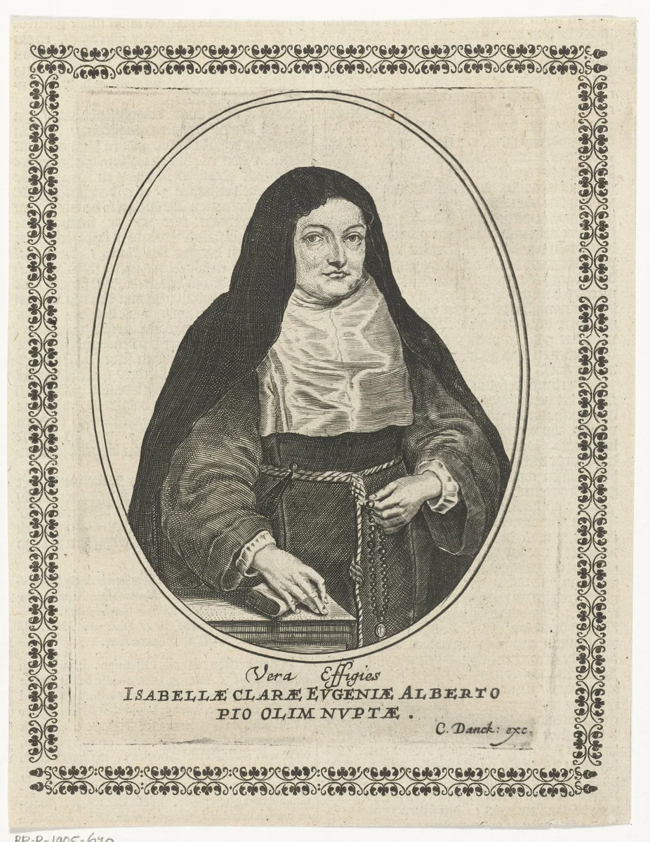 Portret van Isabella Clara Eugenia gekleed als non in ovaal by Cornelis Danckerts, print, 1613-1656