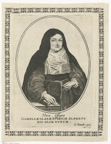 Portret van Isabella Clara Eugenia gekleed als non in ovaal by Cornelis Danckerts, print, 1613-1656