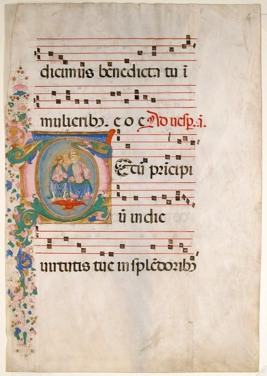 Manuscript Leaf with the Trinity in an Initial T, from an Antiphonary by Master of the Riccardiana Lactantius, manuscript, 1450-1499