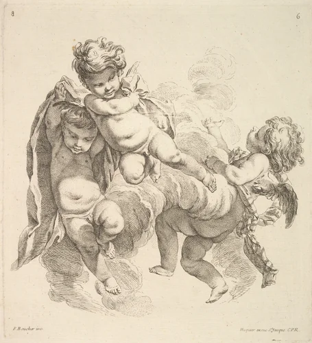 Three Children Among Clouds Carrying a Drapery by Gabriel Huquier, print, 1738-1745